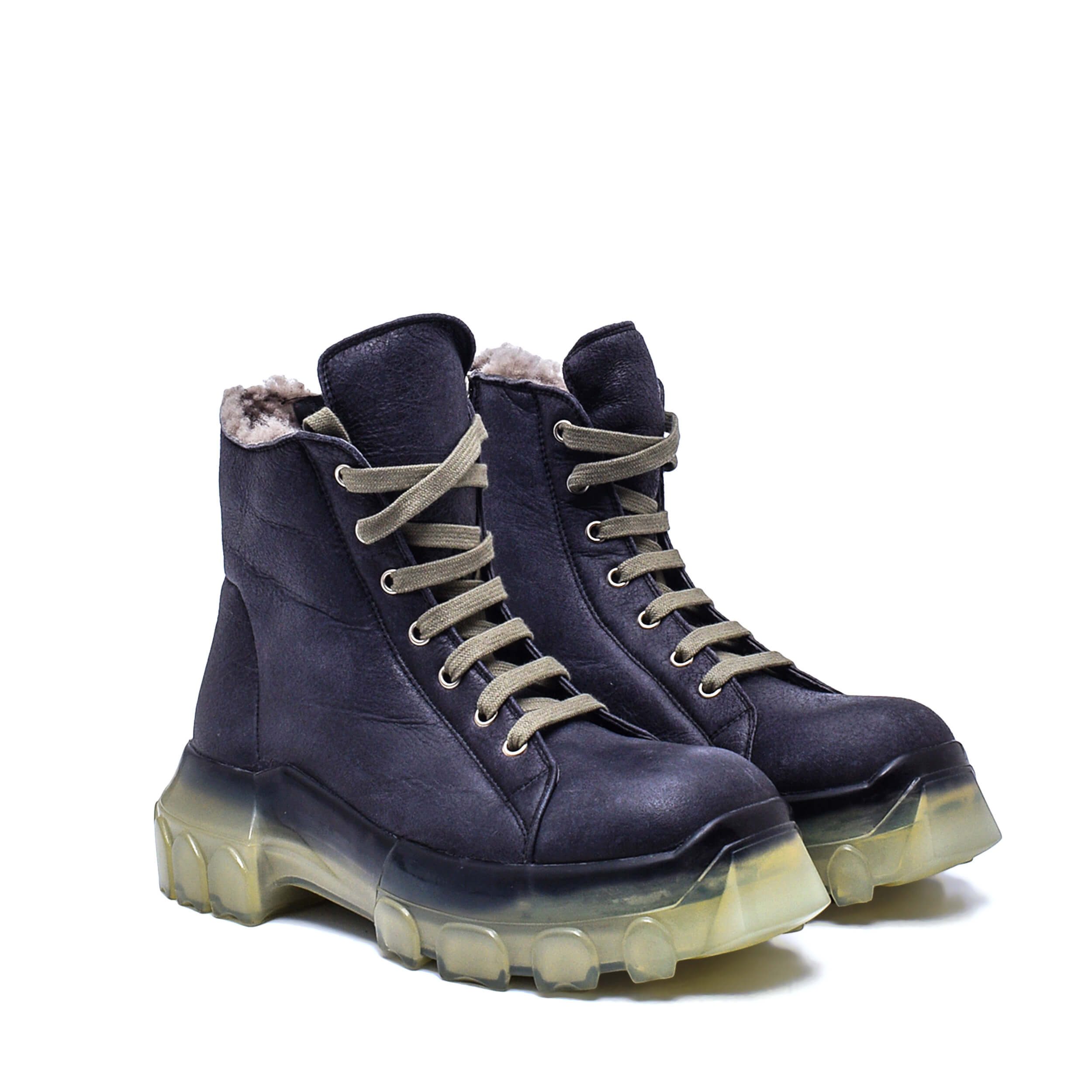 Rick Owens - Navy Blue Leather Shearling Mega Bozo Tractor Boots / 38